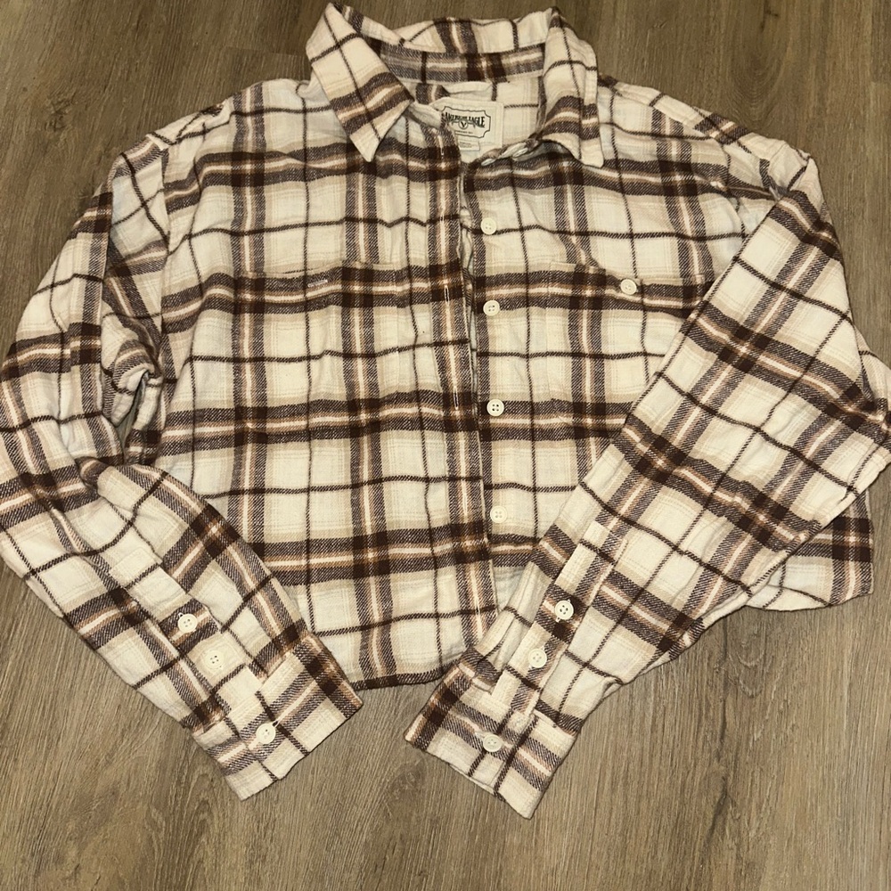 American Eagle Outfitters Cream and Brown Plaid Shirt